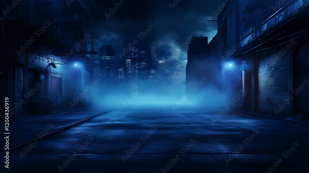 A dark empty street, dark blue background, an empty dark scene, neon light, spotlights The asphalt floor and studio room with smoke float up the interior texture,night view,illustration A dark empty street, dark blue background, an empty dark scene, neon light, spotlights The asphalt floor and studio room with smoke float up the interior texture,night view,illustration
