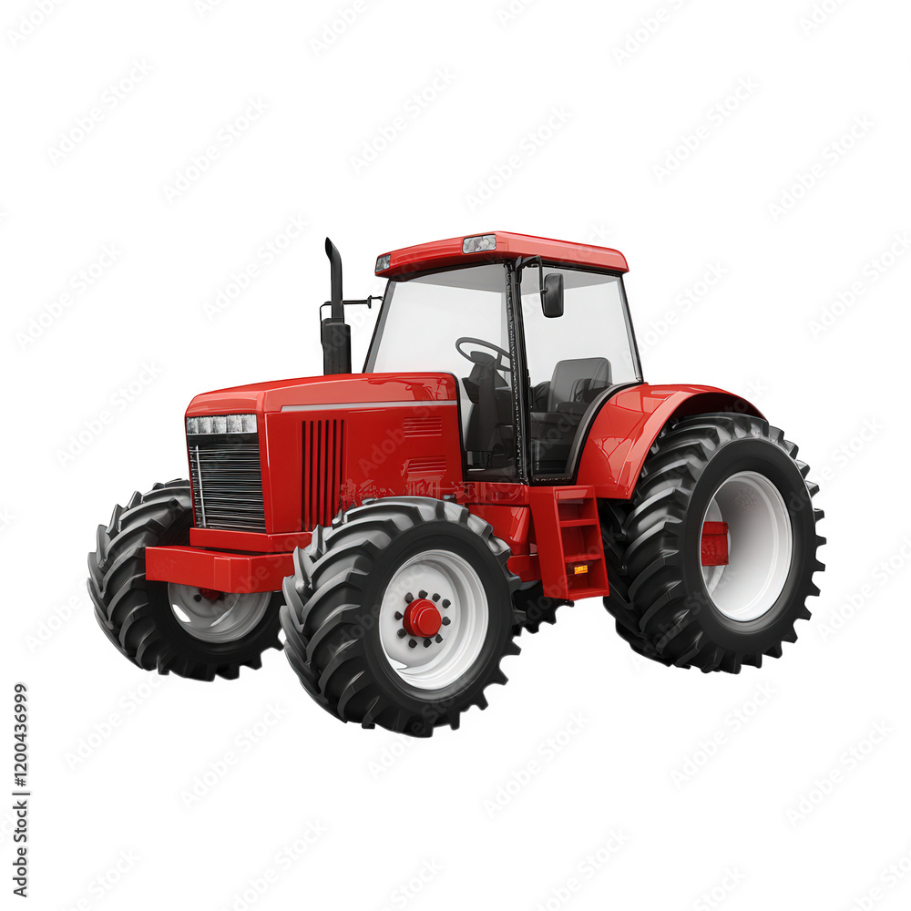 a red tractor. designed for agricultural use. featuring large wheels and a sturdy frame it showcases the vehicle's essential components. such as the cabin. exhaust. and tires. emphasizing its role in a red tractor. designed for agricultural use. featuring large wheels and a sturdy frame it showcases the vehicle's essential components. such as the cabin. exhaust. and tires. emphasizing its role in