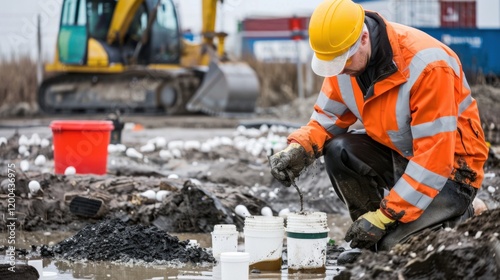 An environmental scientist conducting soil contamination tests in an industrial site, with soil samples and testing equipment visible, Soil contamination testing scene photo