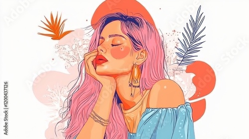 Serene woman with pink hair, relaxed pose, surrounded by tropical leaves and flowers.