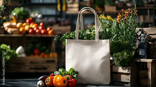 White bag filled with fresh vegetables and colorful flowers on a light background photo