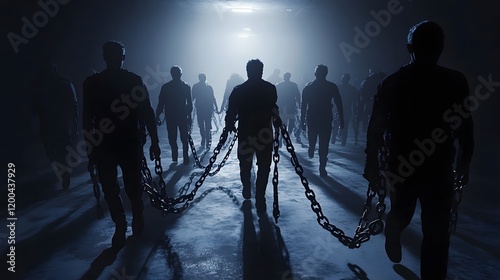 Chained figures walk towards light in dark tunnel; concept art for film or game
