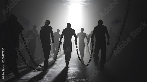 Chained figures walk towards light; dark, foggy background; concept art for oppression
