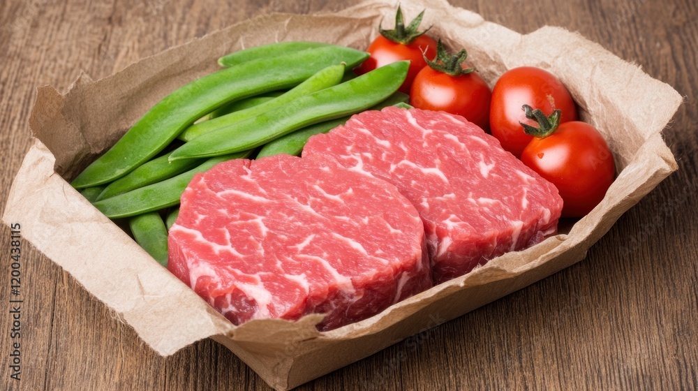 Two raw beef steaks with green beans and cherry tomatoes in a brown paper container on a wooden surface. Two raw beef steaks with green beans and cherry tomatoes in a brown paper container on a wooden surface.