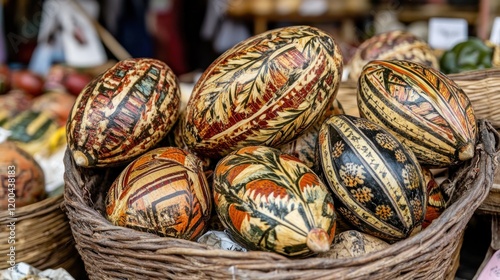 Hand-painted decorative gourds in a wicker basket at a market.