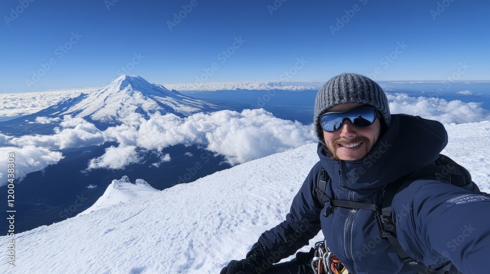 Mountaineer enjoys view from summit showcasing snow-capped peaks under clear blue skies during a sunny day Mountaineer enjoys view from summit showcasing snow-capped peaks under clear blue skies during a sunny day