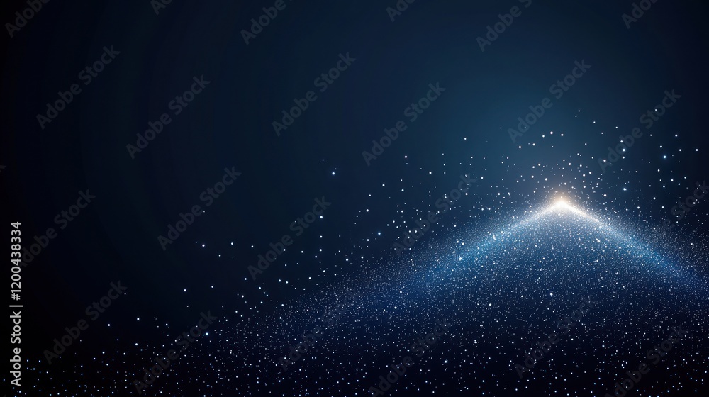 Fototapeta premium Abstract dark blue background with glowing particles converging to a bright point.