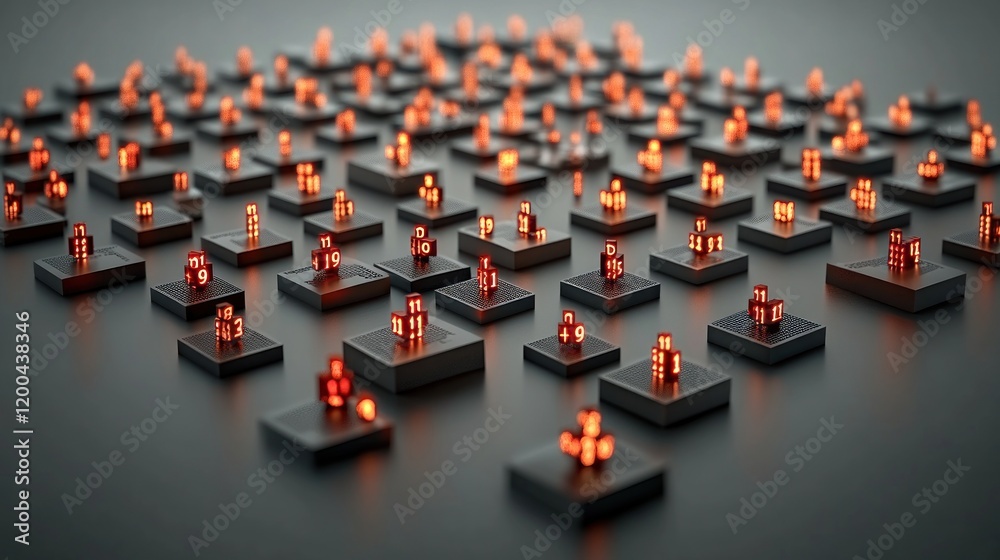 Obraz premium Glowing cubes arranged in a grid pattern on a dark surface.