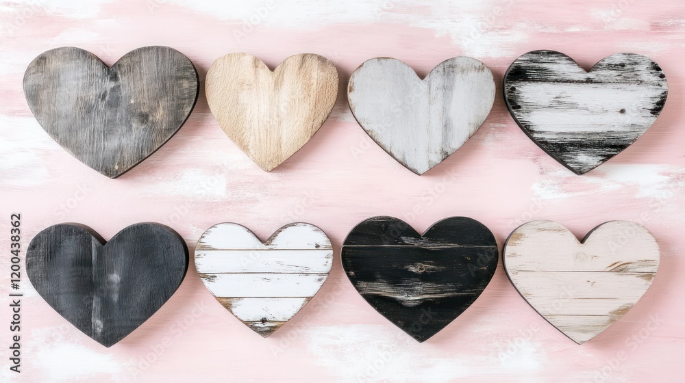 Obraz premium Eight rustic wooden hearts in various colors arranged on a pink background.