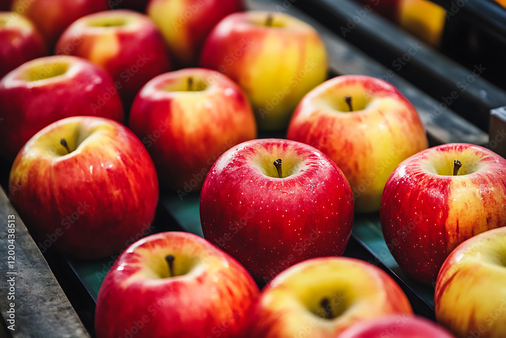 A conveyor belt with apples on it, inside an apple factory. Apples in a market. A conveyor belt with apples on it, inside an apple factory. Apples in a market.