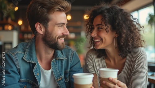 A smiling man and woman sit closely together in a cozy café, each holding a coffee cup. Their warm expressions and playful gazes create an intimate atmosphere, highlighting the joy of connection and photo