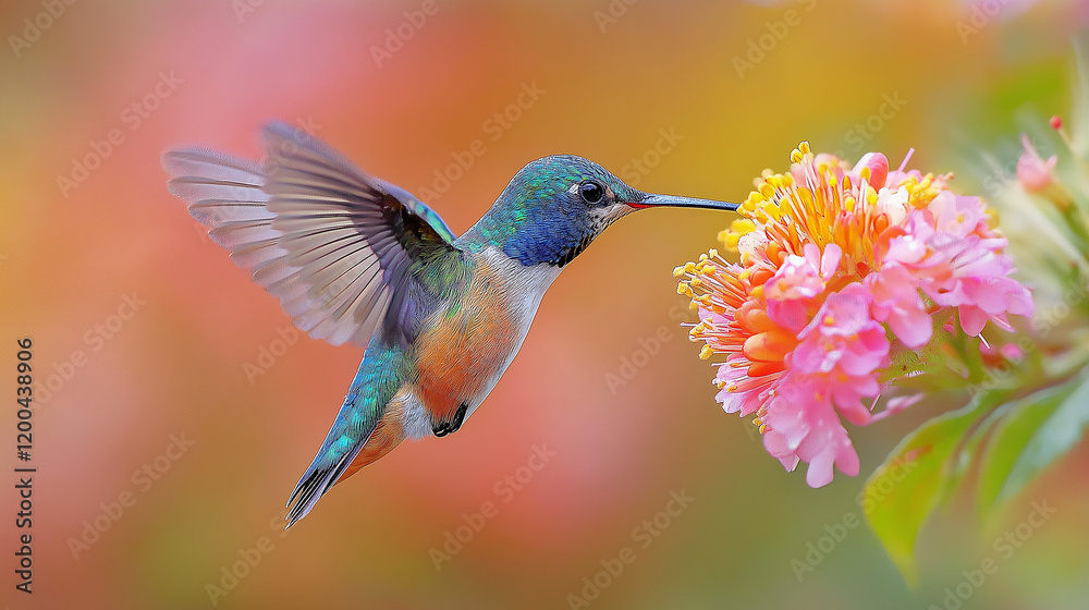 Naklejka premium A graceful hummingbird hovering in mid-air, sipping nectar from a brightly colored flower.