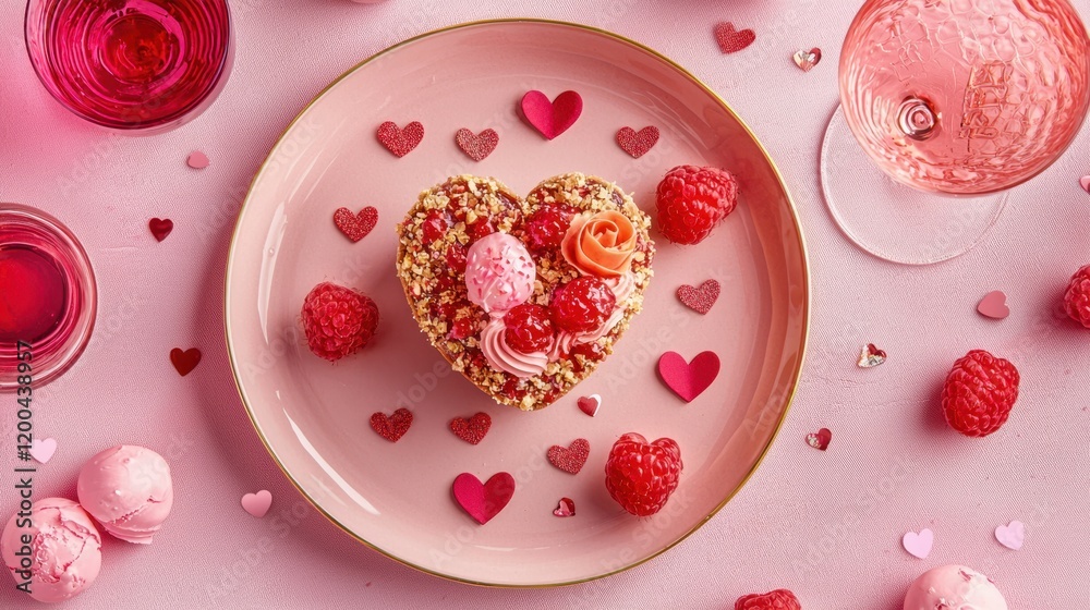 A delightful heart-shaped cake sits on a charming plate, radiating love and sweetness, perfect for celebrating Valentine's Day bliss. A delightful heart-shaped cake sits on a charming plate, radiating love and sweetness, perfect for celebrating Valentine's Day bliss.