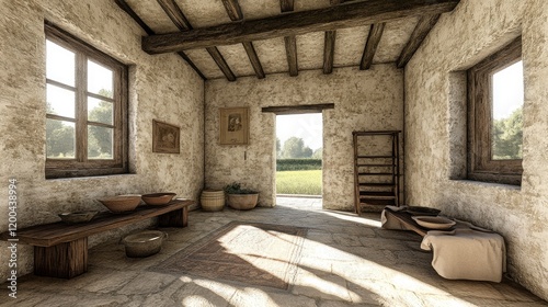 Rustic stone farmhouse interior, sunlit room, rural view, peaceful setting, home decor