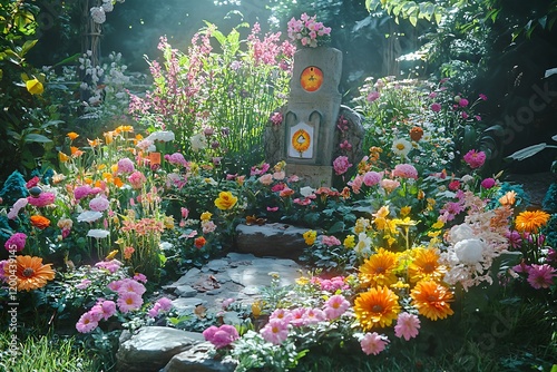 Sunlit stone pathway garden with colorful flowers and a decorative stone structure. photo