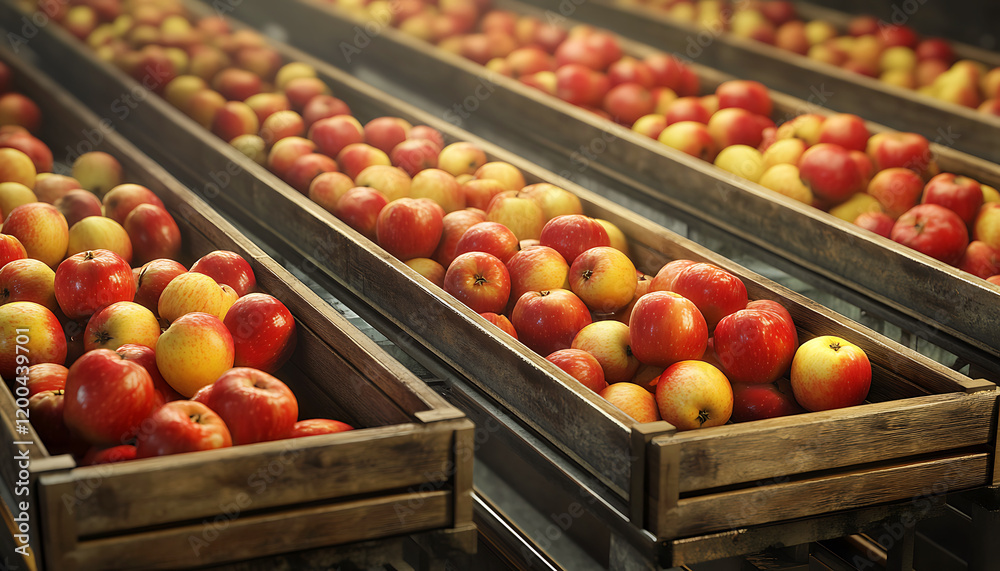 A conveyor belt with apples on it, inside an apple factory. Apples in a market. A conveyor belt with apples on it, inside an apple factory. Apples in a market.