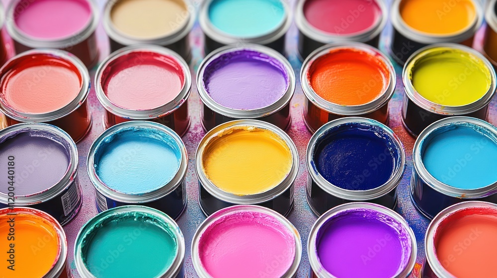 Vibrant Collection of Paint Cans in Colorful Arrangement Vibrant Collection of Paint Cans in Colorful Arrangement