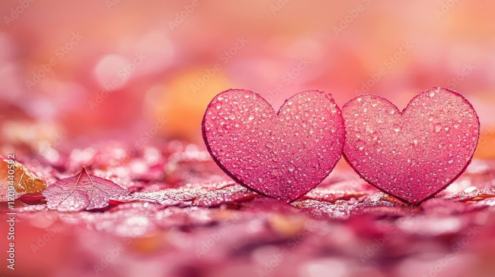 Two vibrant hearts rest gently atop a soft bed of leaves, symbolizing love's embrace and nature's beauty intertwined in a serene Valentine's setting.