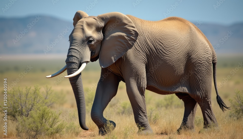 Fototapeta premium A magnificent elephant gracefully walks across the sunlit savannah, showcasing its impressive tusks and textured skin. The serene landscape, with distant mountains and a clear blue sky, enhances the