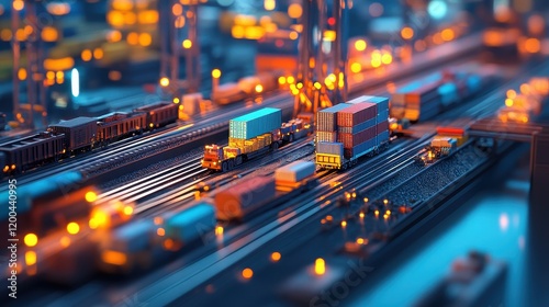 Fototapeta Naklejka Na Ścianę i Meble -  A time-lapse style image showing cargo transfer from ship to truck and train, seamless logistics integration 