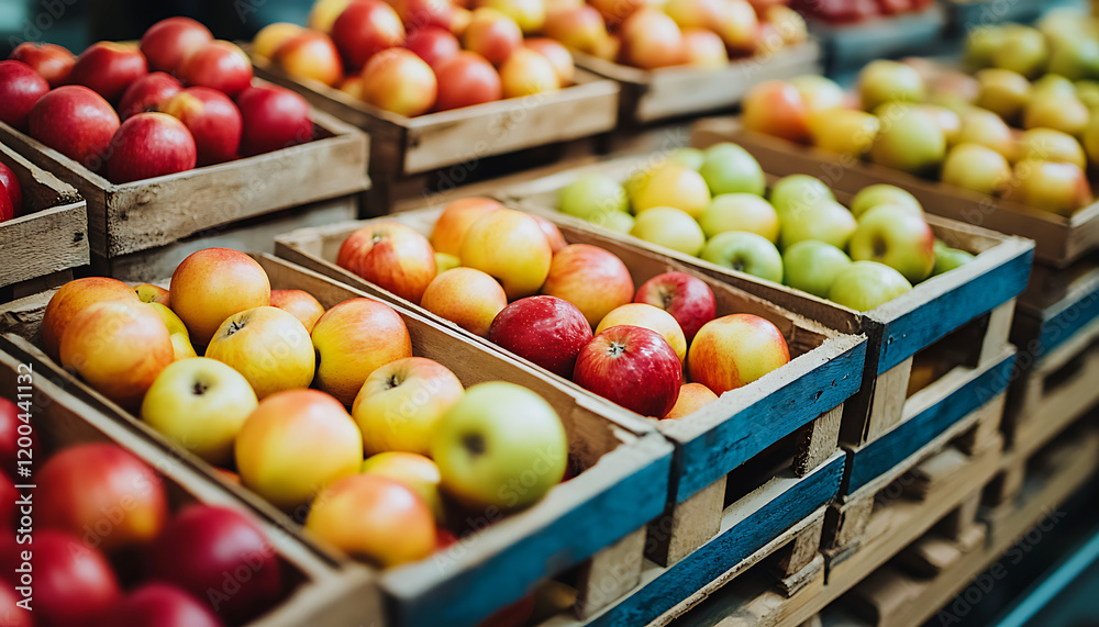 A conveyor belt with apples on it, inside an apple factory. Apples in a market. A conveyor belt with apples on it, inside an apple factory. Apples in a market.
