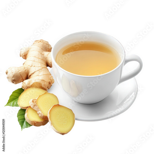 cup of ginger tea accompanied by fresh ginger root and sliced ginger. highlighting the natural ingredients used for brewing a soothing beverage this composition emphasizes the health benefits and comf photo