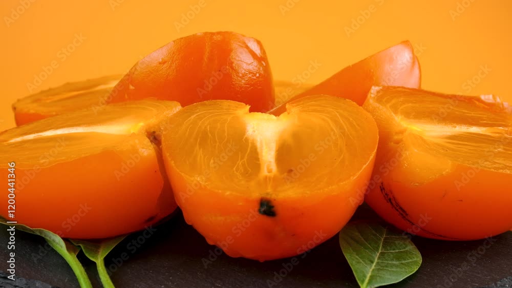 Fresh ripe persimmon slices rotate on a stone board on a peach background.