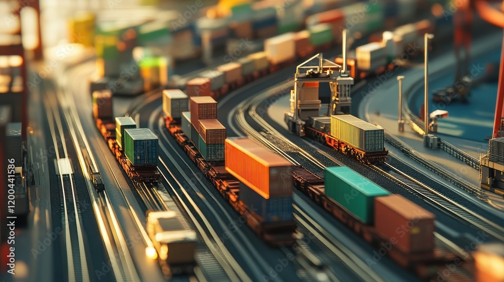 A time-lapse style image showing cargo transfer from ship to truck and train, seamless logistics integration A time-lapse style image showing cargo transfer from ship to truck and train, seamless logistics integration
