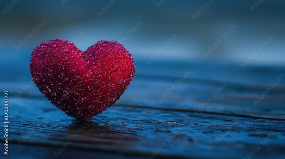 Obraz premium A vivid heart carved from wood rests on a rustic table, glistening with water droplets, symbolizing love's beauty and fragility on Valentine's Day.