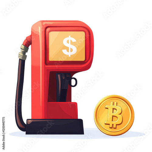 Gasoline pump beside a gold coin with dollar sign representing fuel prices and currency exchange, Gasoline pump and gold coin with dollar sign Stock Illustration photo