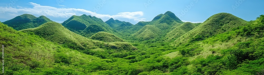 Lush green hillscape, sunny day, scenic view, travel background Lush green hillscape, sunny day, scenic view, travel background