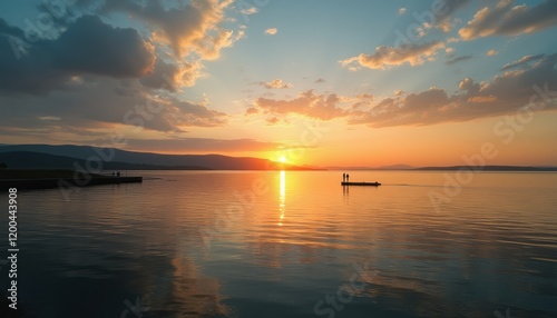 A breathtaking sunset casts a warm golden glow over calm waters, with silhouettes of two people standing on a dock. The serene atmosphere evokes feelings of peace and connection, as the sun dips below