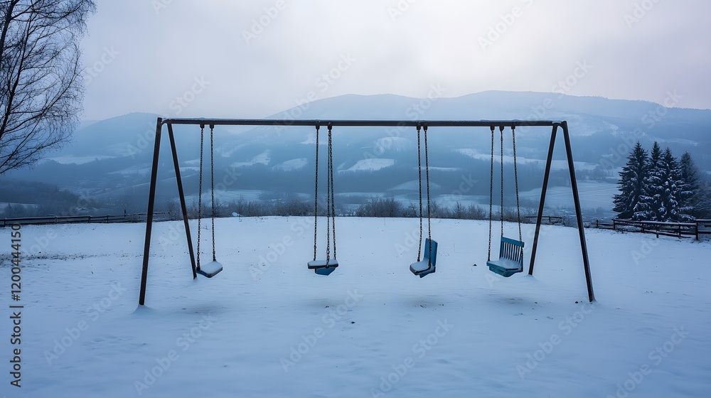 Empty swings in snowy mountain landscape, winter stillness Empty swings in snowy mountain landscape, winter stillness