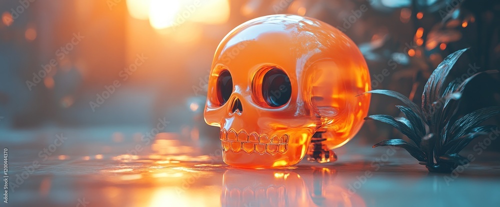 Orange skull sunset plants reflection. Halloween, gothic, mystic Orange skull sunset plants reflection. Halloween, gothic, mystic