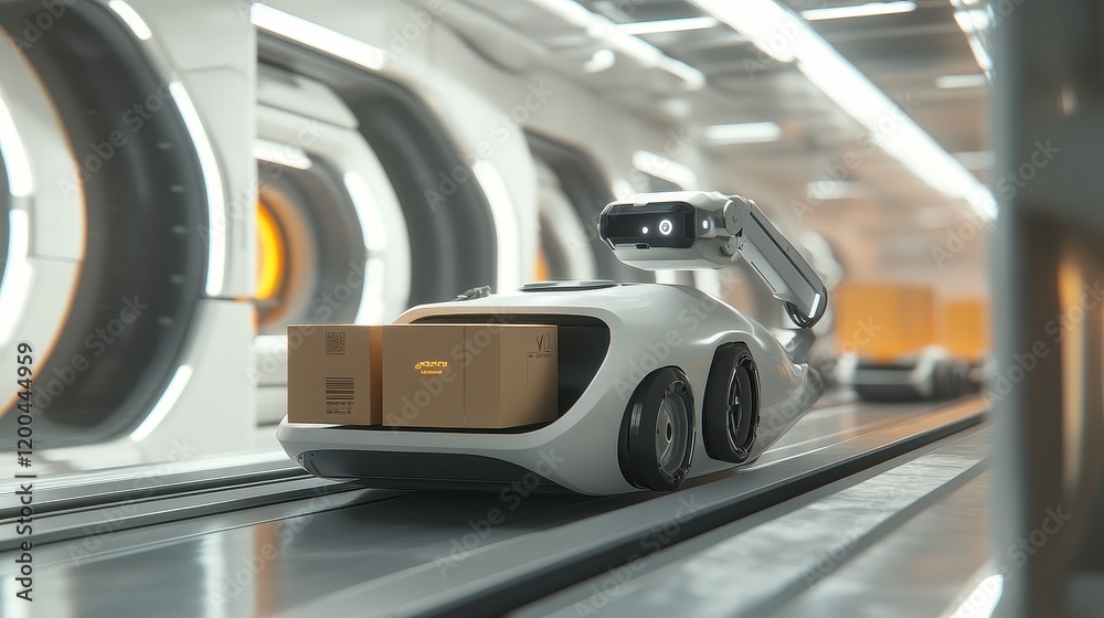 An autonomous robot loading boxes onto a conveyor belt in a high-tech warehouse, automation in logistics An autonomous robot loading boxes onto a conveyor belt in a high-tech warehouse, automation in logistics