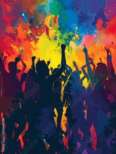 A colorful crowd of people are dancing and celebrating