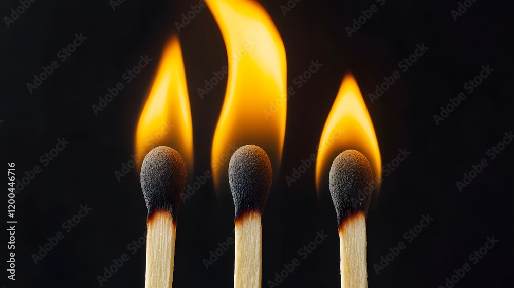 Three burning matches against black background; fire, light, heat, ignition, energy Three burning matches against black background; fire, light, heat, ignition, energy