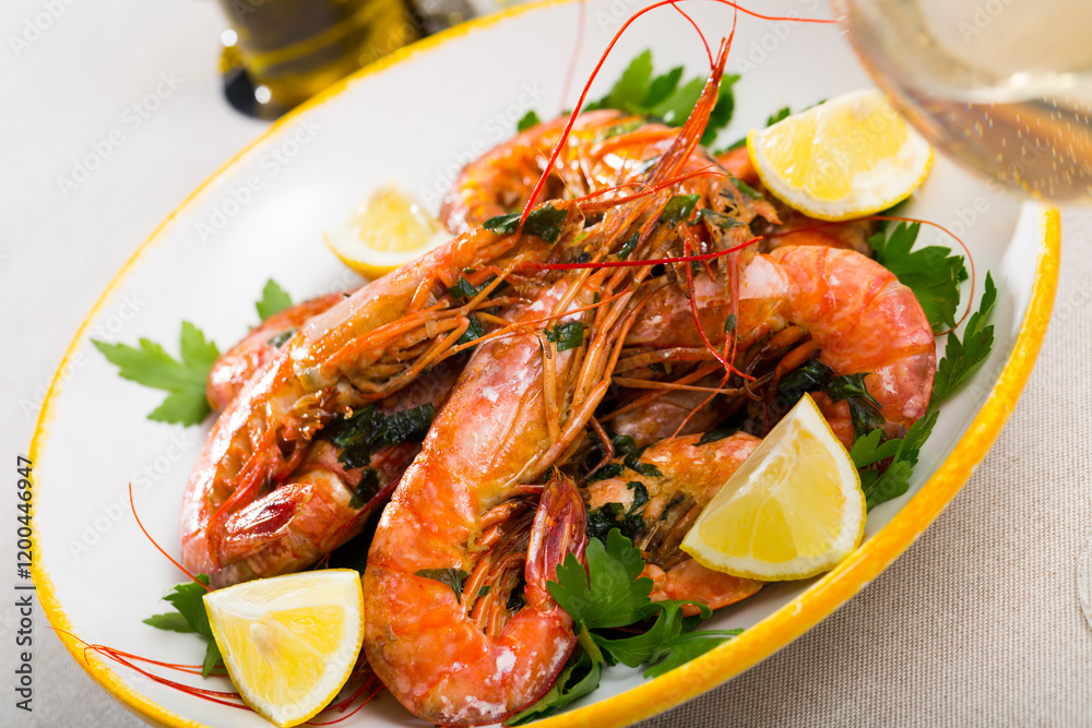 Appetizing fried shrimps with lemon and parsley. High quality photo Appetizing fried shrimps with lemon and parsley. High quality photo