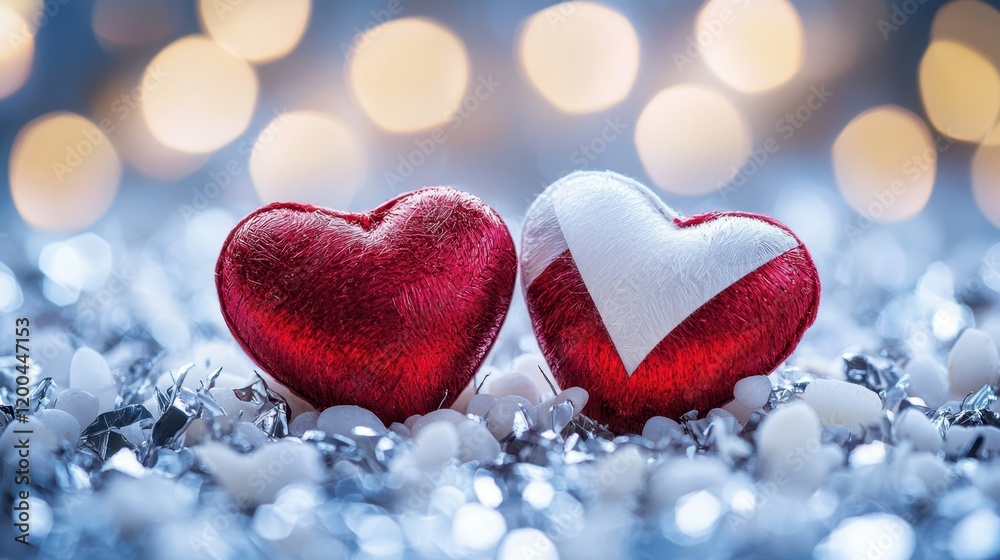 Fototapeta premium Two vibrant red hearts rest on a sparkling bed of silver glitter, radiating love and warmth, perfect for Valentine's Day celebration.