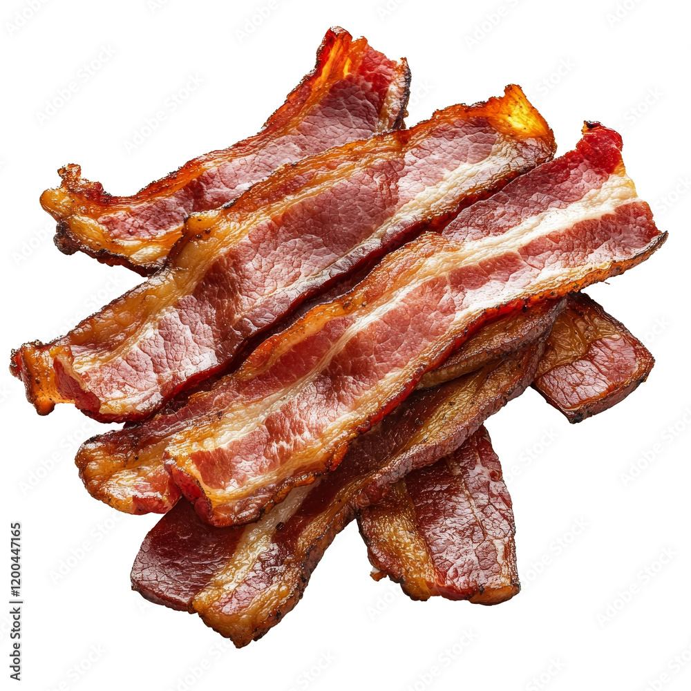Sliced smoked bacon with a crispy texture, perfect for sandwiches or breakfast dishes, Smoked bacon isolated Clipping path included Sliced smoked bacon with a crispy texture, perfect for sandwiches or breakfast dishes, Smoked bacon isolated Clipping path included