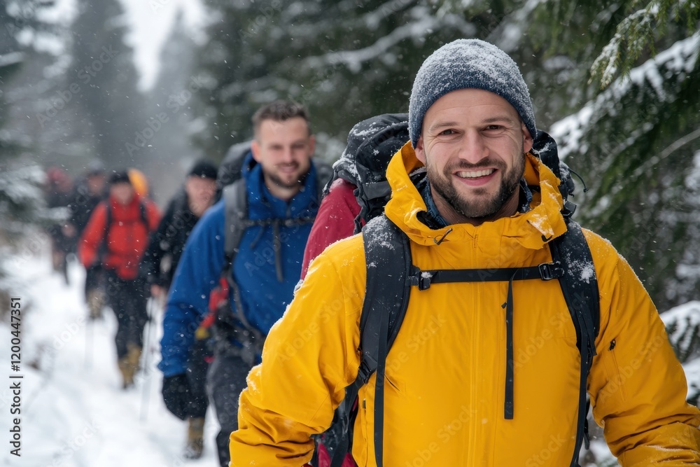 A cheerful group of hikers in colorful winter gear are trekking through snow-covered trails surrounded by tall trees, epitomizing adventure, teamwork, and the joy of nature. A cheerful group of hikers in colorful winter gear are trekking through snow-covered trails surrounded by tall trees, epitomizing adventure, teamwork, and the joy of nature.