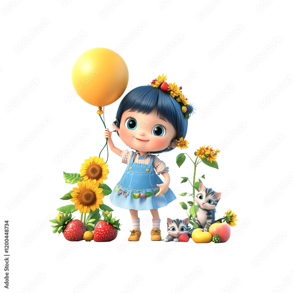 Adorable 3D Render of a Little Girl with a Balloon, Kittens, and Sunflowers Adorable 3D Render of a Little Girl with a Balloon, Kittens, and Sunflowers