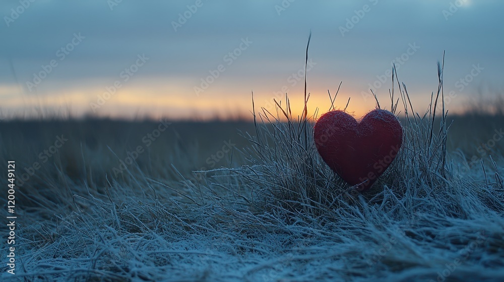 Fototapeta premium A vibrant red heart rests serenely in a lush green field, symbolizing love's beauty amidst nature's embrace on this enchanting Valentine's Day.