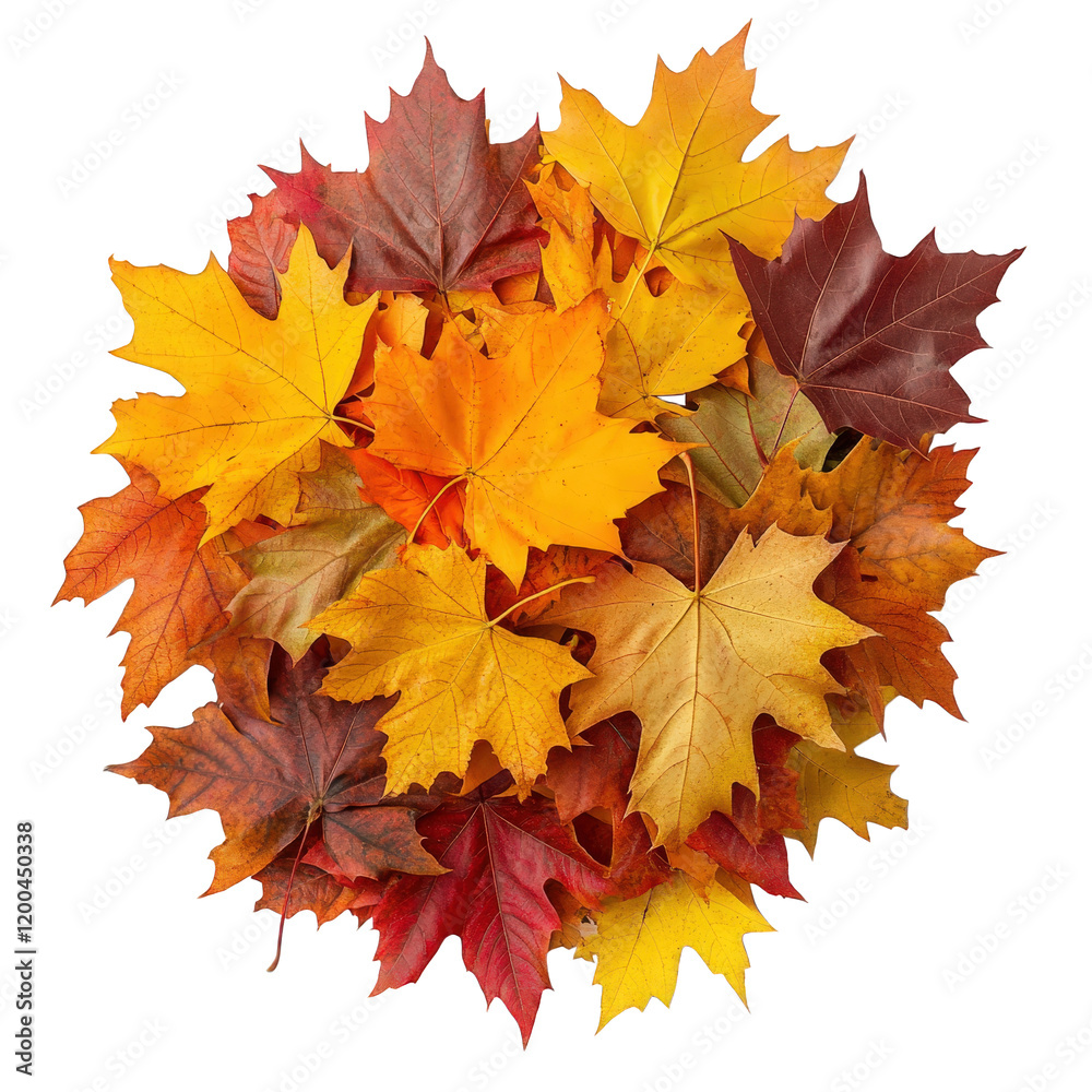 Fototapeta premium a vibrant collection of autumn leaves in various shades of yellow. orange. and red. arranged in a circular formation on a white background. showcasing the beauty of fall foliage the seasonal transitio