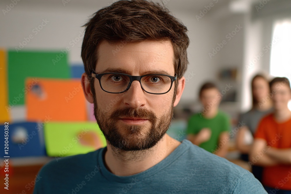 Obraz premium Focused Man with Glasses in a Creative Home Office Setting