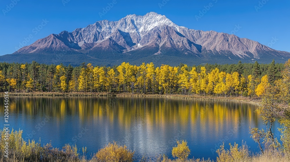 Fototapeta premium Autumn lake reflecting snowy mountain; scenic landscape; fall foliage; nature; travel