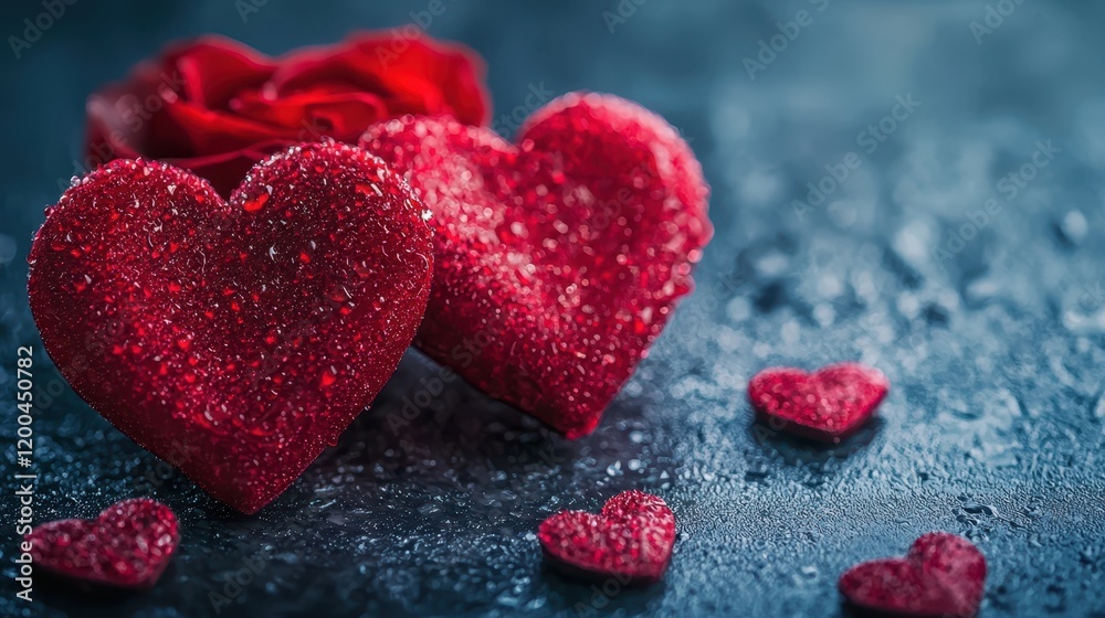 Obraz premium Two vibrant red hearts rest beside a delicate rose, all set against a deep black backdrop, evoking passion and romance for Valentine's Day.