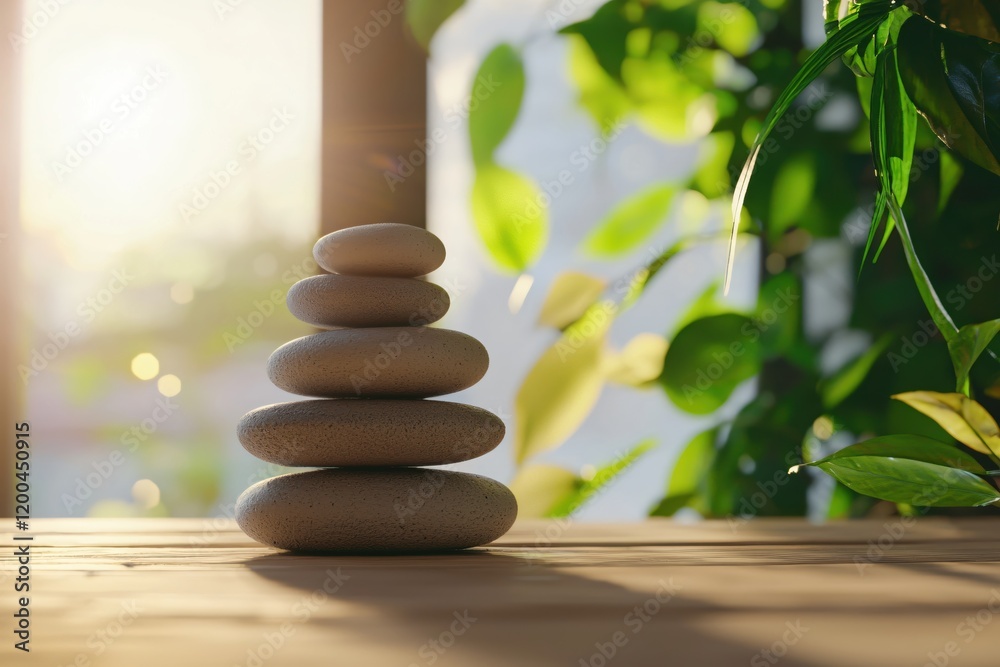 Obraz premium Serene Stacked Stones Peaceful Zen Garden Sunlight Tranquility Nature