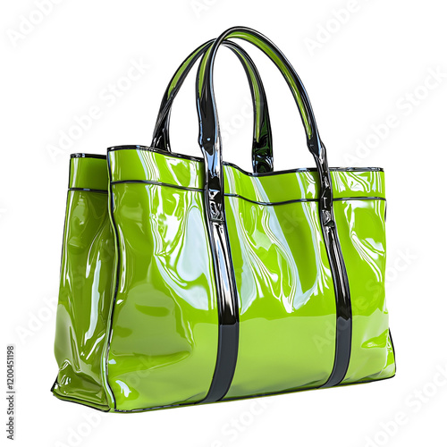 A glossy green handbag with black accents, ideal for fashion and everyday use.