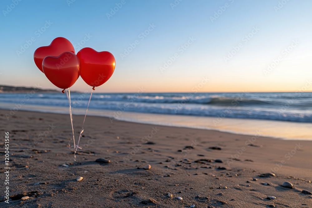 Fototapeta premium Three heart-shaped balloons stand on a tranquil beach at sunset, capturing the essence of romance and leisure amidst the soothing sounds of the waves.